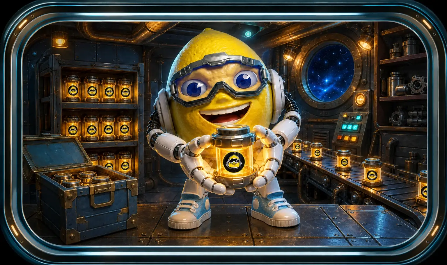 The Lemon Jet mascot holding out a glowing gold fuel canister beside a rack and crate of identical canisters